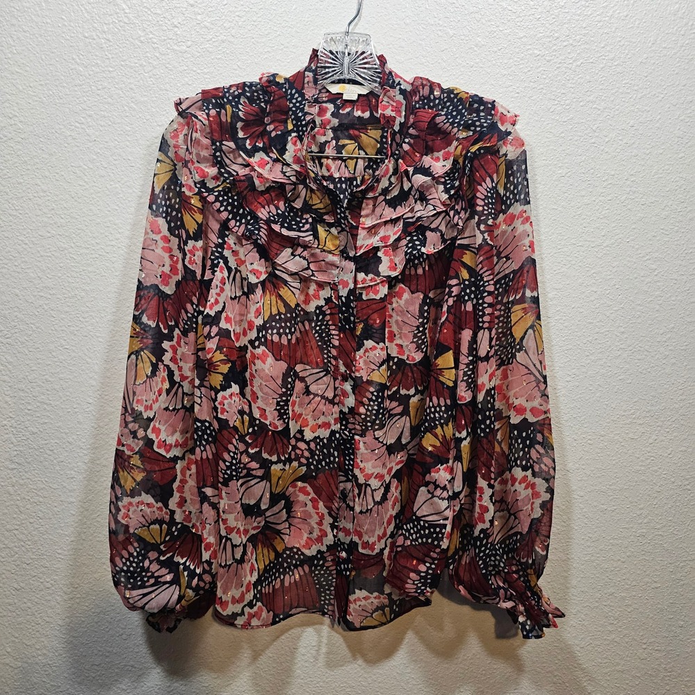 Boden Butterfly Print Ruffle Blouse Red Pink Metallic Lurex Top US 8